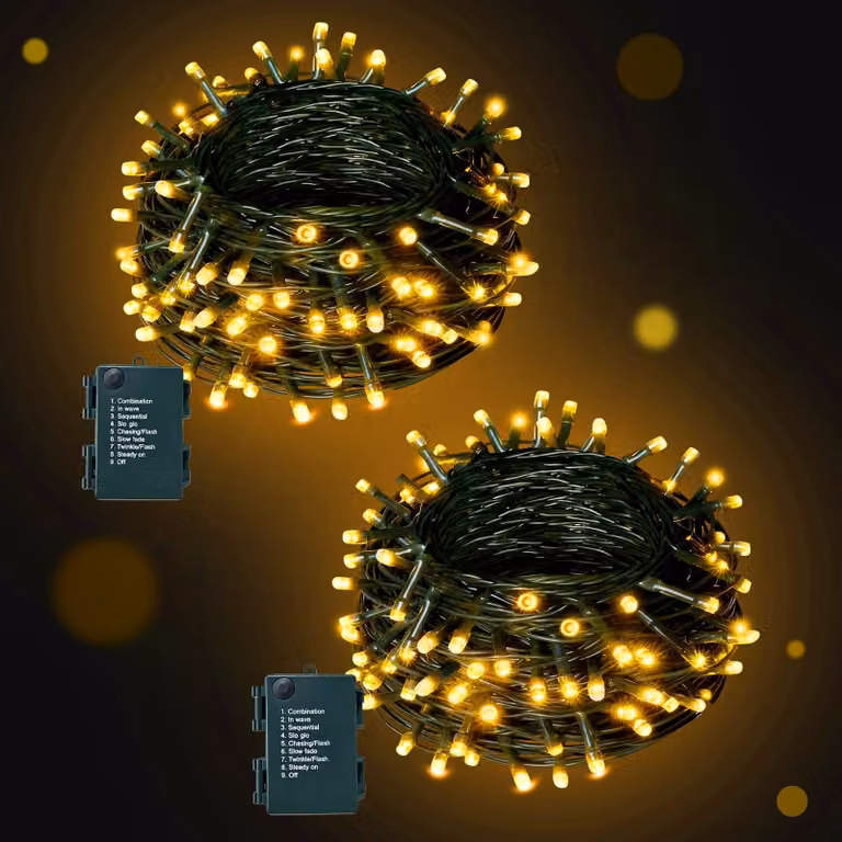 Catena luminosa a LED, 5 metri, 50 LED bianco caldo, confezione da 2, grado di protezione IP44, con timer