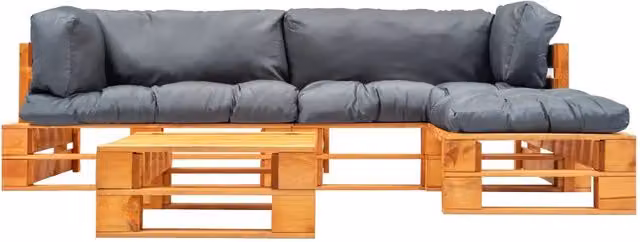 Set di Divani da Giardino a L vidaXL in Legno di Pino con Cuscini Grigi e Tavolino, 4 Pezzi