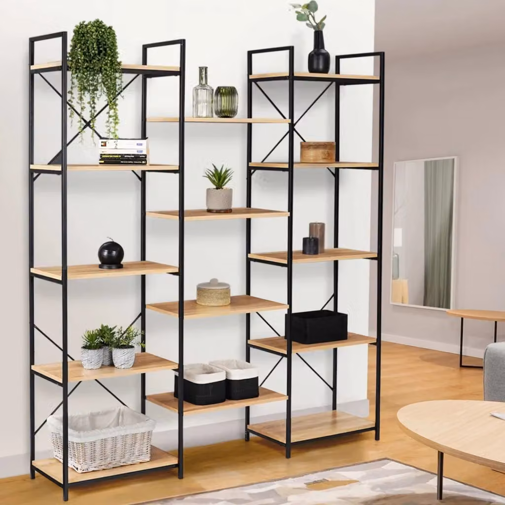 Libreria Trio IDMarket DETROIT in stile industriale con 5 livelli in metallo e legno, Colore Nero e Marrone, H: 170 cm, L: 30 cm, P: 30 cm – 2