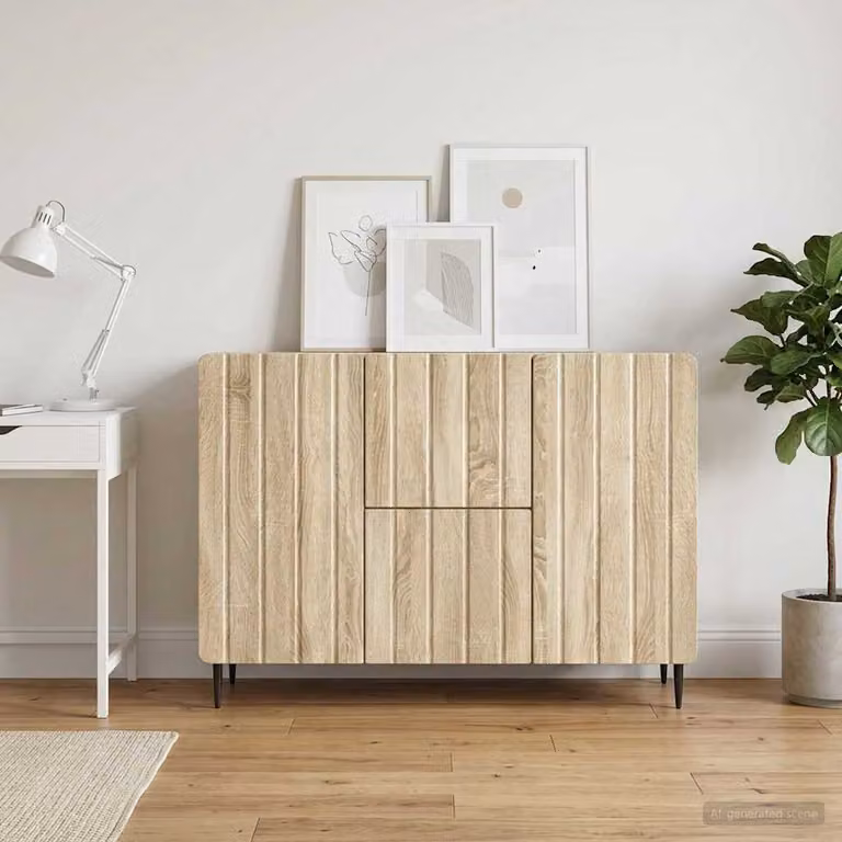Credenza moderna vidaXL in legno ingegnerizzato e metallo, colore Rovere Sonoma, L 89 x P 34,5 x H 62 cm