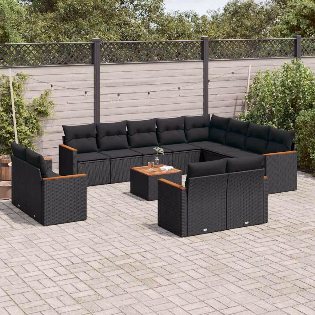 Set di divani da giardino vidaXL a forma di U con cuscini e tavolino da esterno nero in rattan e metallo – 1