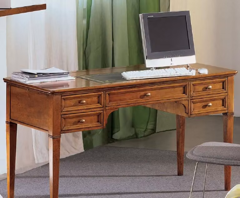 Casa Padrino scrivania in stile liberty marrone / ottone antico / verde / oro 140 x 70 x h. 80 cm - Scrivania in legno massiccio con 5 cassetti - Mobili da ufficio in stile barocco e liberty - Qualità eccellente