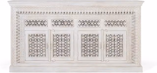 Credenza in legno di mango intagliato con motivo geometrico e finitura laccata bianca per la tua sala da pranzo