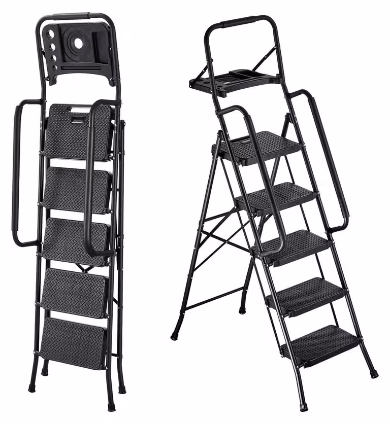 Scala a pioli/scala domestica - 5 gradini Scala pieghevole - Con ripiano porta attrezzi - Corrimano su entrambi i lati - Scala di sicurezza - Portata 272 kg - Nero