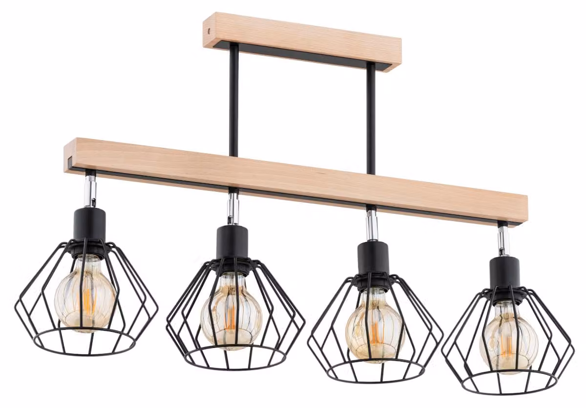 Lampada a sospensione PILAR, legno chiaro-nero-cromato, 4xE27x15W, legno, dimensioni: 46x80x18 cm, IP20, Alfa