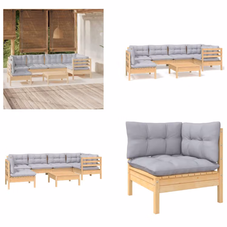 vidaXL set salotto da giardino 7 pezzi con cuscini grigi in legno di pino - Set salotto da giardino - Set salotto da giardino - Set arredo giardino - Set arredo giardino