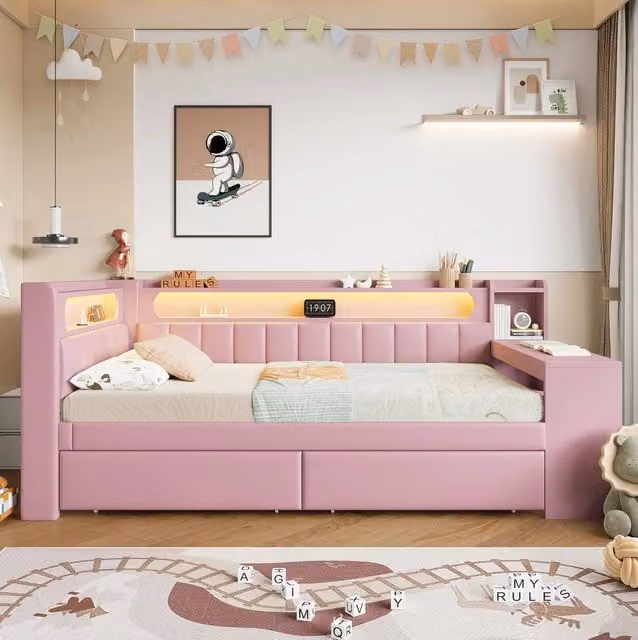 Daybed imbottito 90x200 cm rosa con LED; USB; scrivania integrata e 2 cassetti