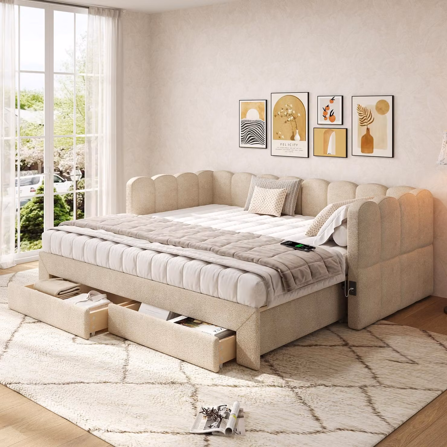 Letto imbottito Flieks 90x190 cm con letto estraibile, divano letto daybed con USB e Type-C, letto per ragazzi daybed con 2 cassetti, ciniglia, beige