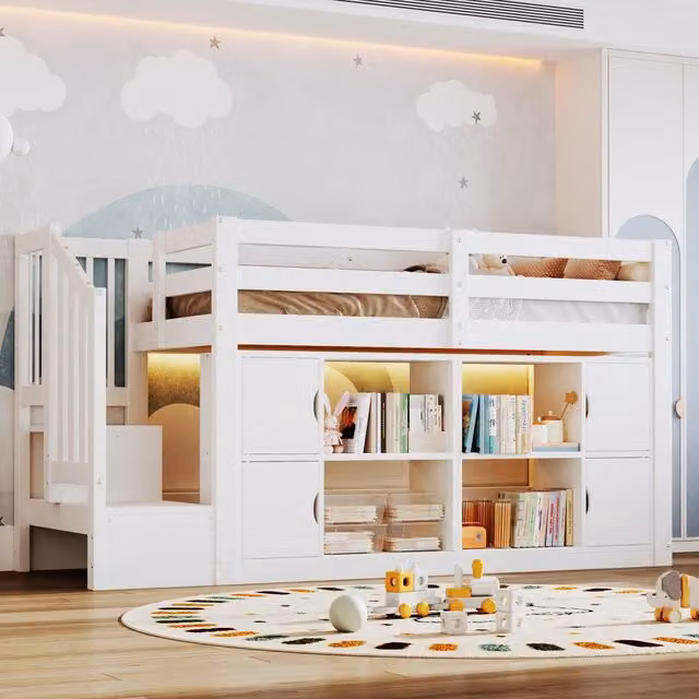 Letto a soppalco 90x200 cm con scala contenitore e LED in legno bianco