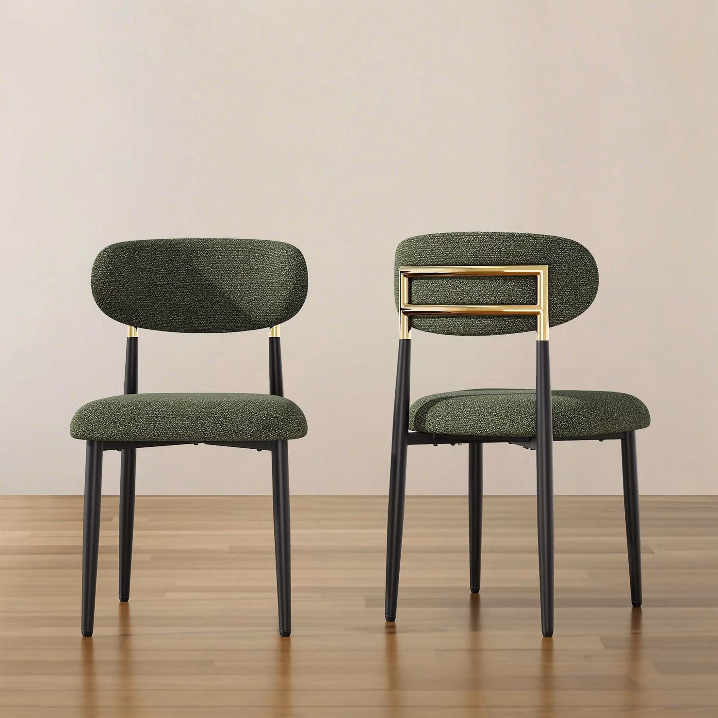 Set di 2 sedie da pranzo imbottite in tessuto, con schienale arrotondato e struttura dorata, gambe in metallo nero, stile moderno, colore verde