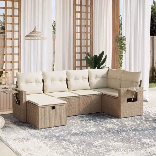 Set Divano da Giardino a L vidaXL in Polyrattan con Cuscini Beige e Struttura in Acciaio, 6 Pezzi