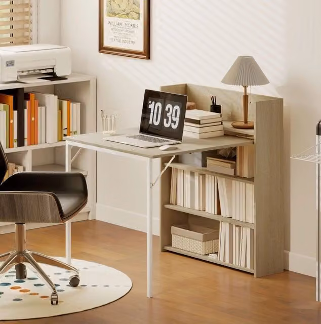 Tavolo da Pranzo Pieghevole con Mensola, Design Industriale in Rovere, 78,5 x 91 x 93 cm, Salvaspazio per Ambienti Compatti