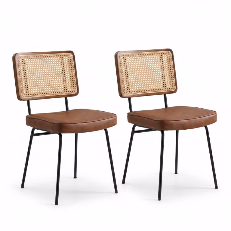 LVHOM Set da 2 sedie da sala da pranzo inPoliuretanoe legno massello, sedia imbottita con effetto rattan, sedia da cucina con gambe in metallo, marrone