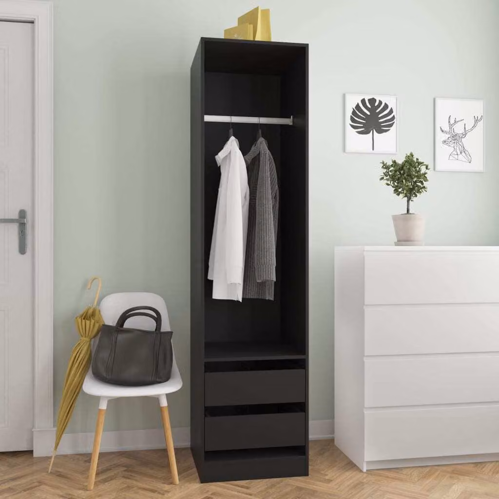 The Living Store Armadio con cassetti nero 50x50x200cm in materiale ligneo
