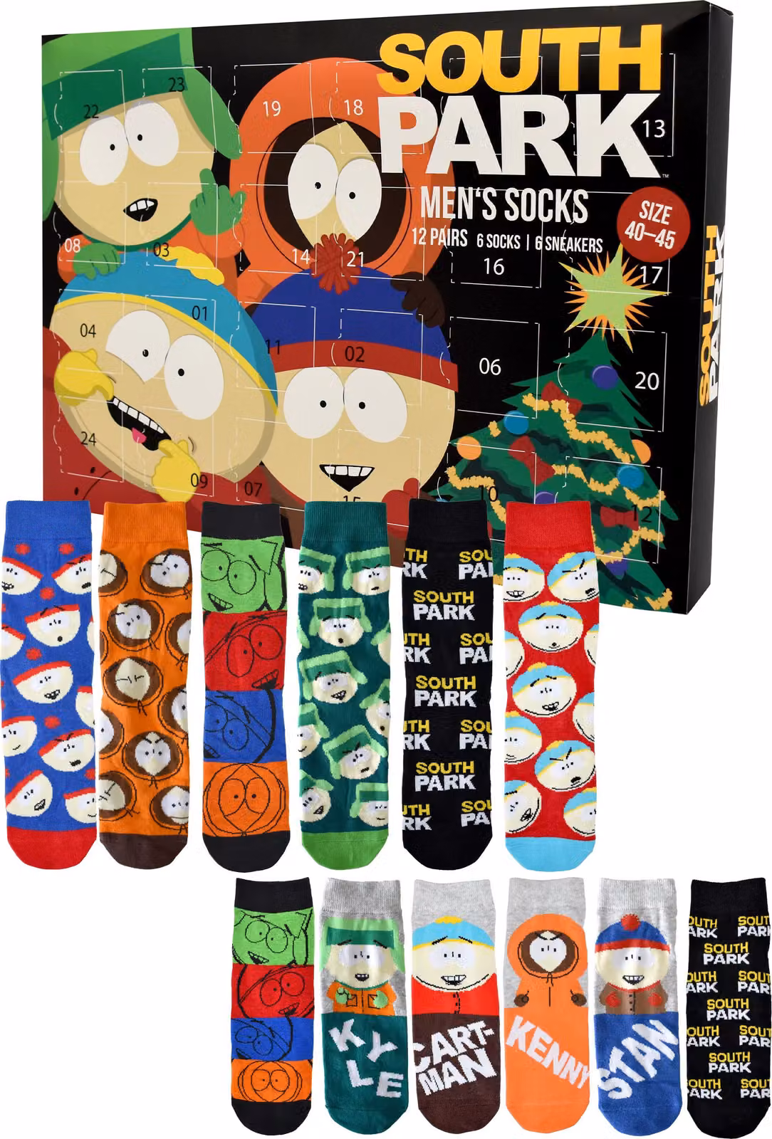 Calendario dell'Avvento South Park con 12 paia di calzini taglia 40-45 per uomo Calendario di Natale con scarpe da ginnastica e calzini lunghi