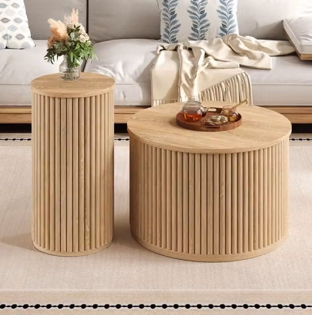 Tavolino da caffè rotondo impilabile 60x60x38,5/30x30x56 cm naturale, set da 2, MDF