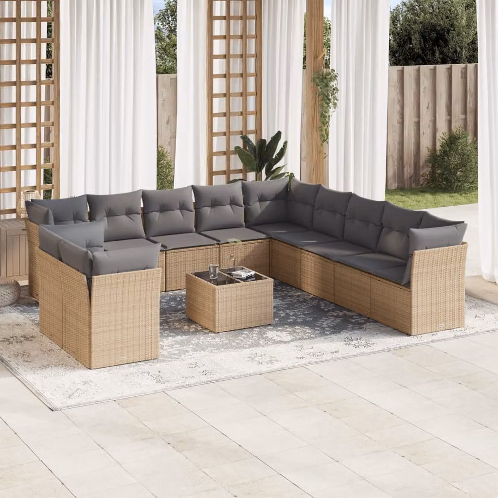 Set di divani da giardino vidaXL in polyrattan con cuscini beige e tavolino da esterno, composizione a forma di U per 12 persone – 1