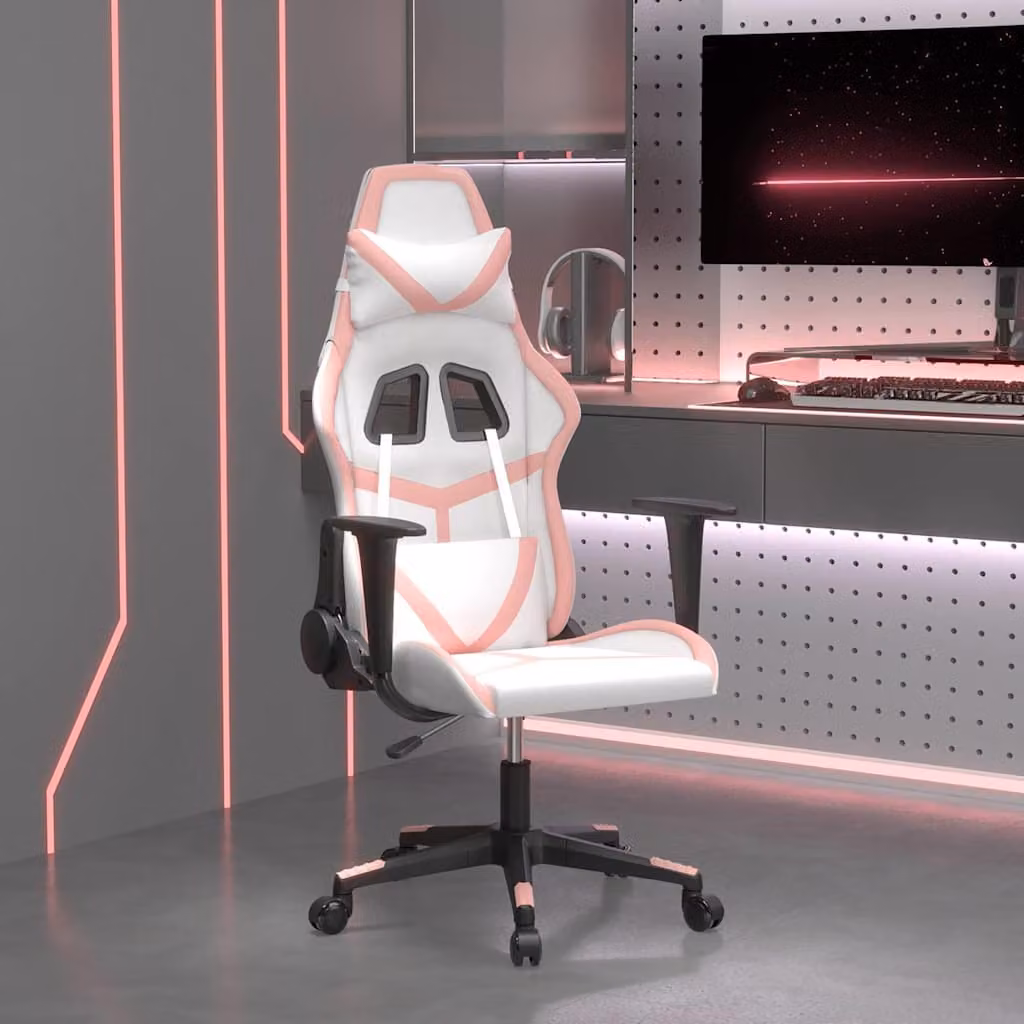 Sedia da Gaming vidaXL per Adulti in Similpelle Bianco e Rosa con Poggiatesta e Ruote