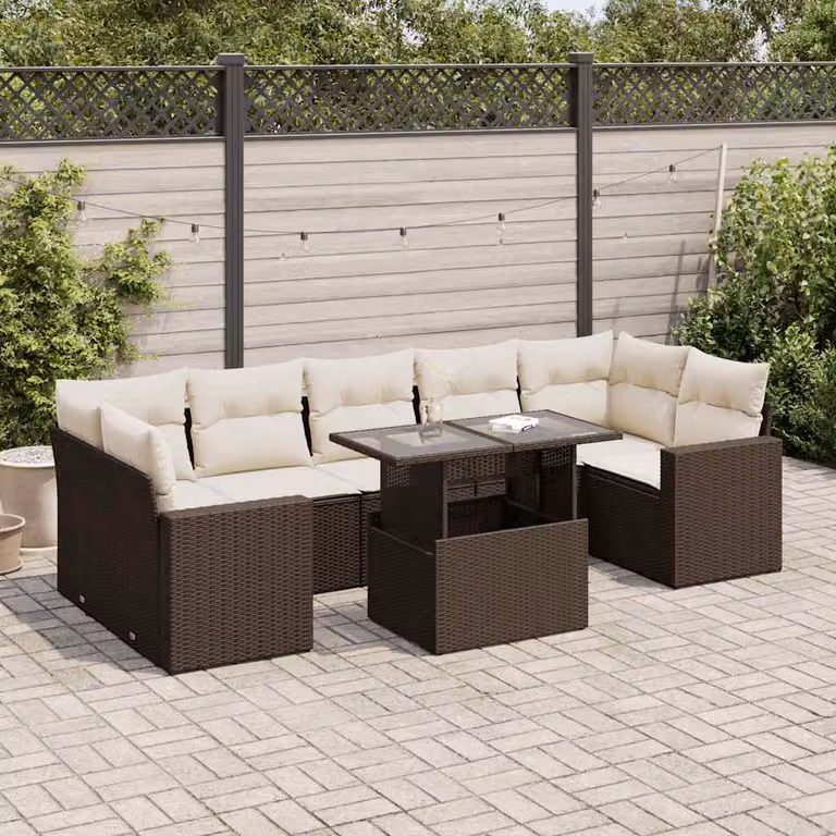 Set da giardino vidaXL 8 pz in polyrattan marrone con cuscini e tavolino da esterno a forma di L
