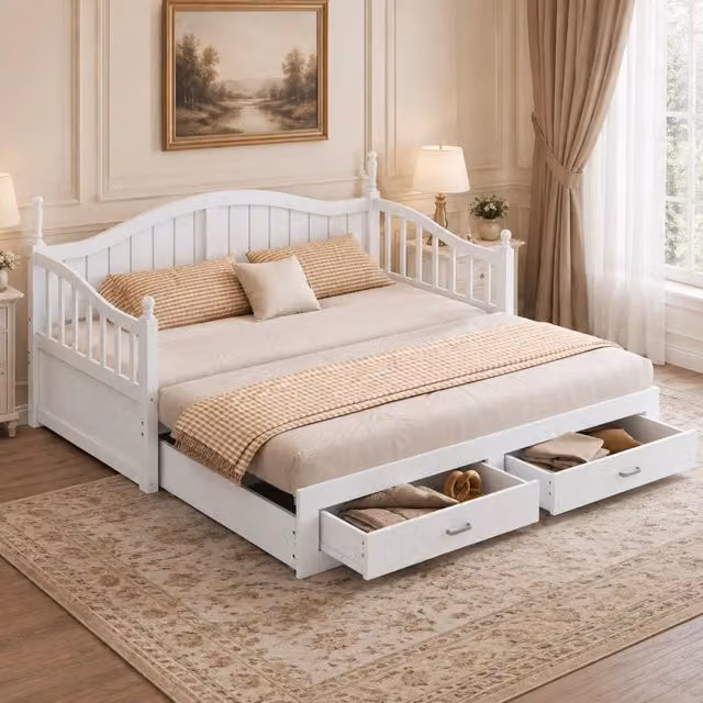 Divano letto estraibile MODFU in legno di pino e MDF bianco con cassetti L/P/H: 197 x 90 x 95 cm