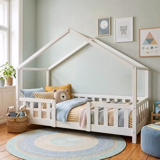 Letto per cameretta Treviolo a forma di casetta in stile Montessori en.casa, legno di pino laccato bianco, L/P/H: 160 x 80 x 121 cm – 1
