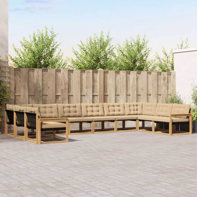 vidaXL Set di divani da esterno a forma di U composto da 10 pezzi in legno di acacia con cuscini bianchi e beige