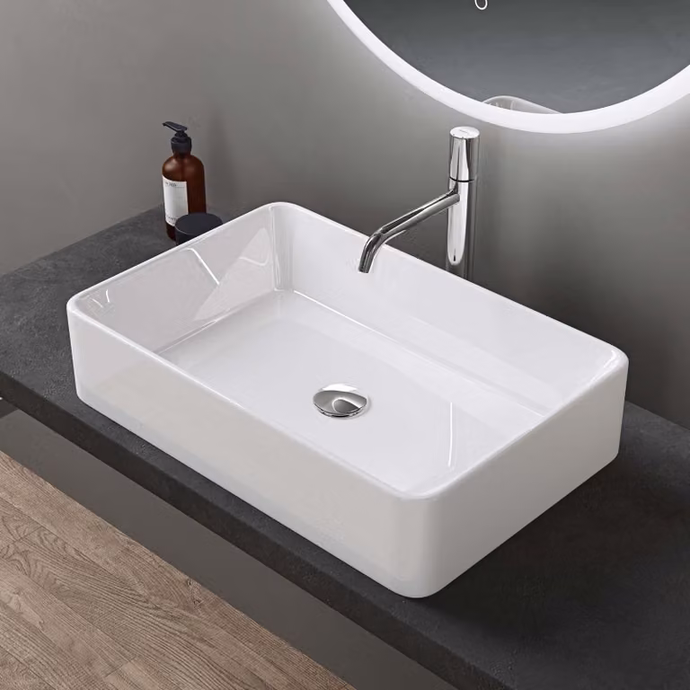 doporro Lavabo Bagno Rettangolare Lavabo da Appoggio in Vetroceramica Lavandino con Bordo Sottile 58x37x13,5 cm Bianco Lucido Lavamani Lavello senza Foro Rubinetto per Guardaroba Bagno Brš¹ssel105D