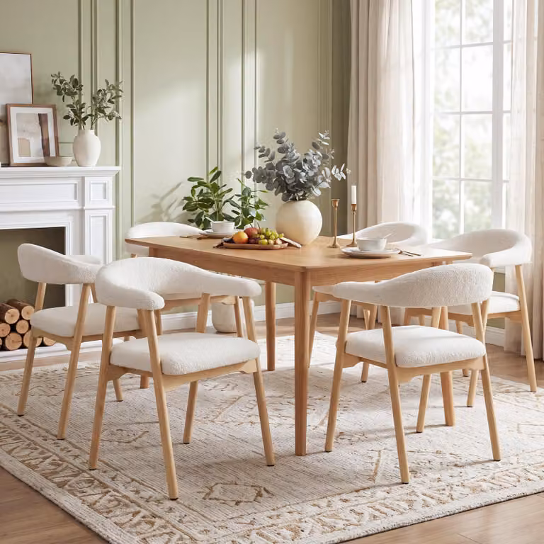 Set di 6 sedie da pranzo Flieks in legno massello, adatte perda pranzo, soggiorni, caffè, con rivestimento in tessuto boucle, sedie imbottite, sedie da cucina, colore legno naturale e beige