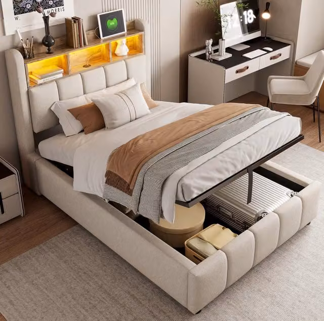 Letto imbottito 90x200 cm beige in tessuto, con LED, USB e contenitore idraulico