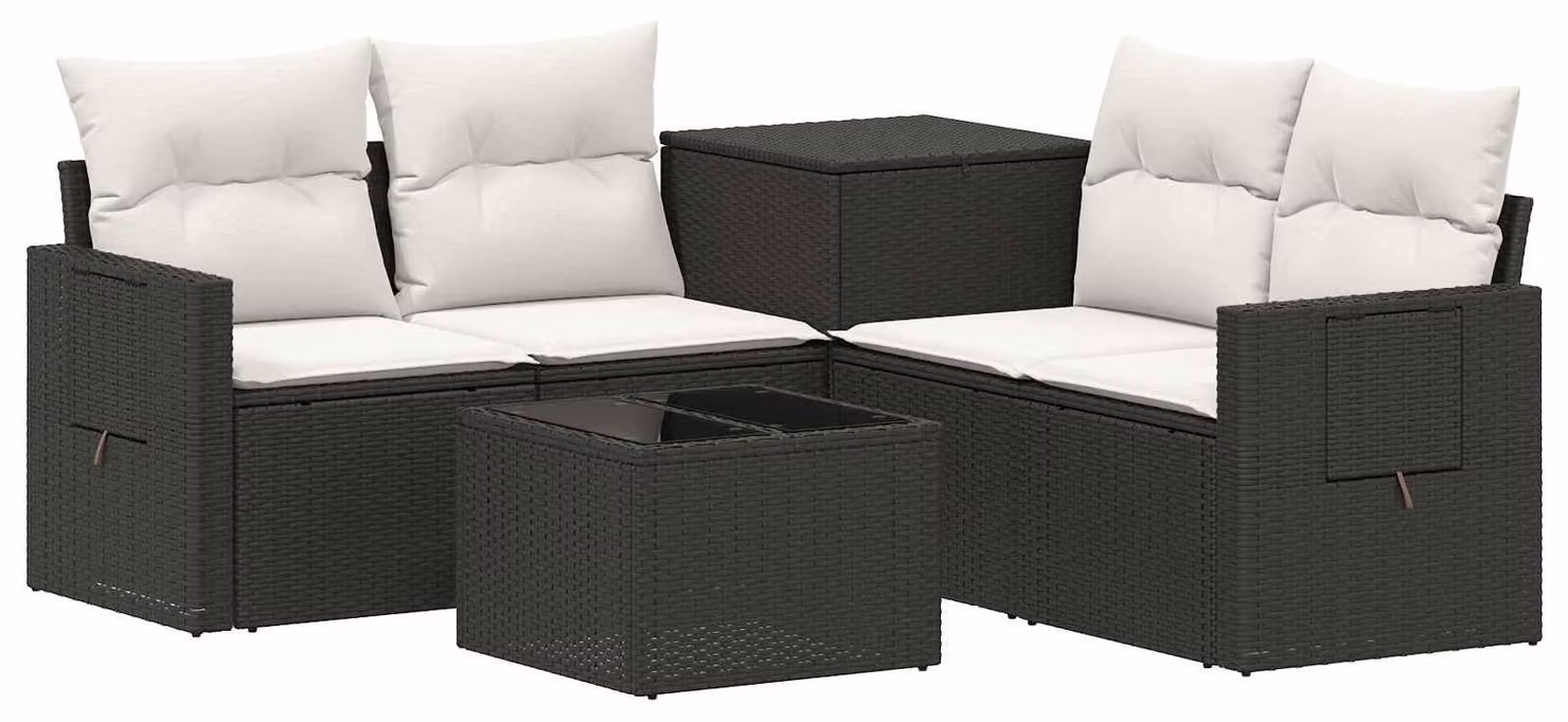 Set di divani da esterno, 6 pezzi. Colore: nero e crema. Materiali: rattan sintetico e acciaio