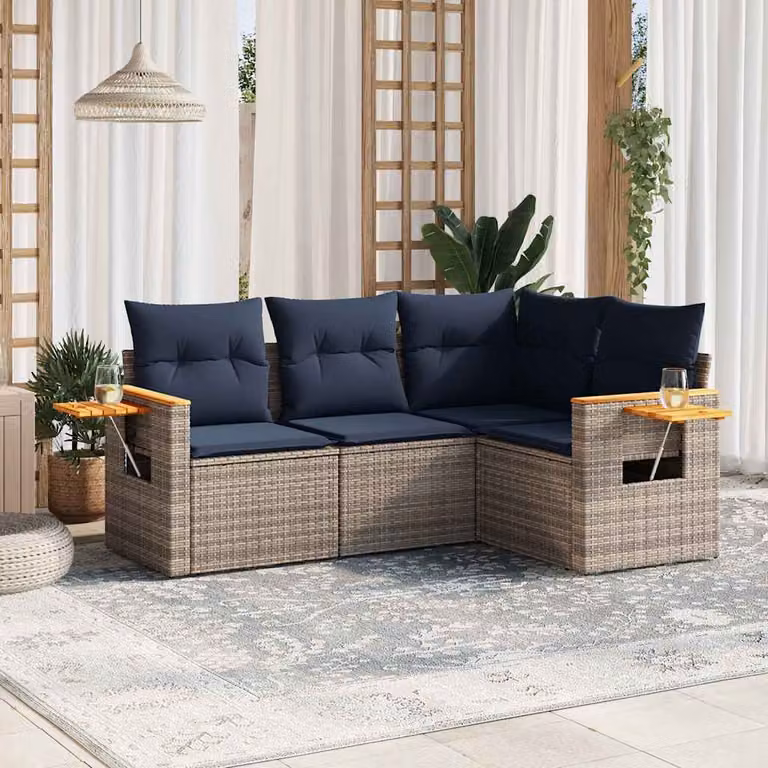 vidaXL Set Divani da Giardino 4 pz a L in Polyrattan con Cuscini e Tavolino, Grigio