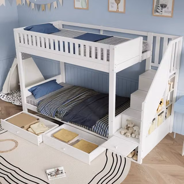 Desviae Letto a castello per bambini 90 × 200 cm con scala contenitore due cassetti in legno bianco e protezione anticaduta