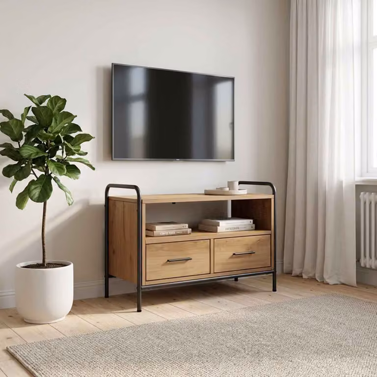 Mobile TV vidaXL in Rovere Artigianale e Metallo, Marrone, L: 67,5 cm, P: 33 cm, H: 50 cm