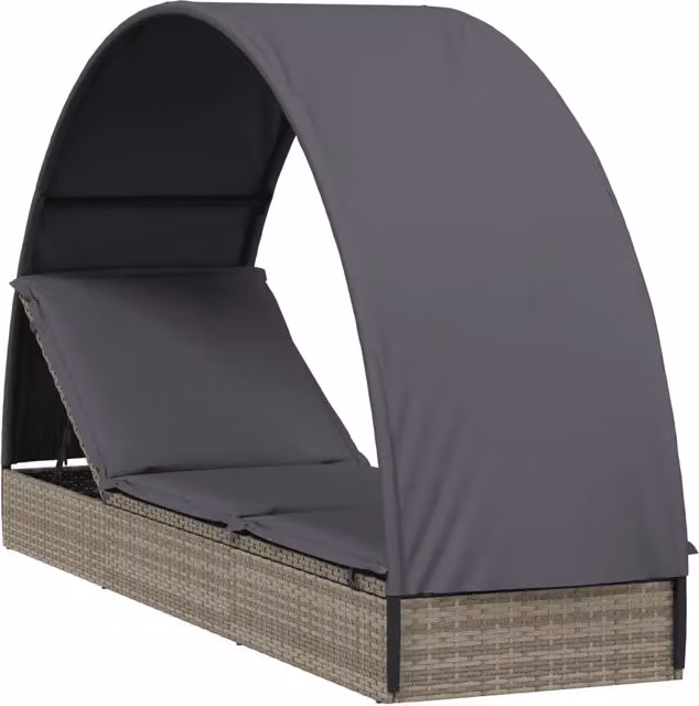 Sdraio da giardino in rattan con tettuccio parasole e poggiatesta regolabile, colore grigio, L: 211 cm, P: 57 cm, H: 140 cm – 1