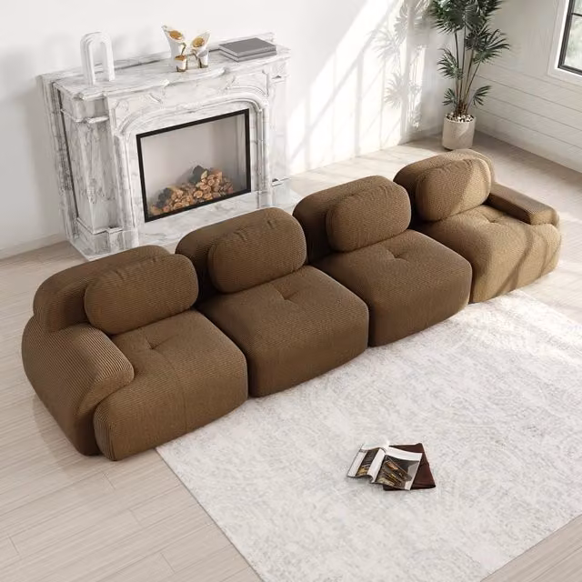 Divano angolare modulare a 4 posti senza montaggio in corduroy con schiuma ad alta densità ergonomico marrone