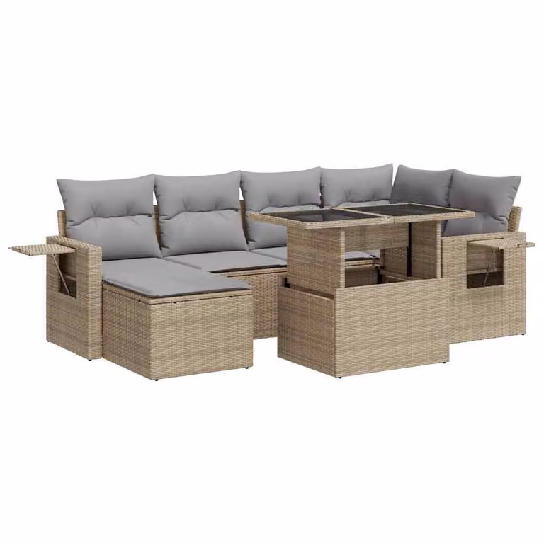 Set Divani da Giardino 7 pz con Cuscini Beige in Polyrattan