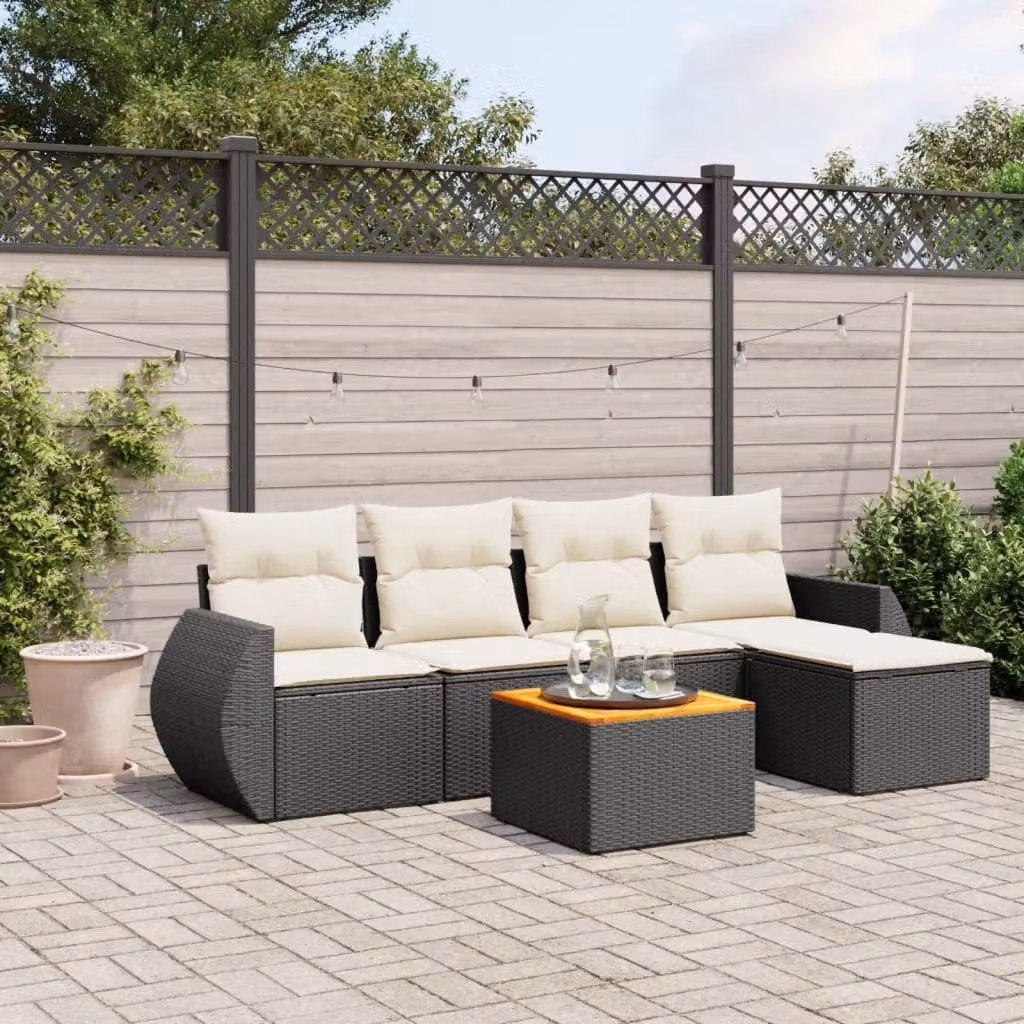 vidaXL Set Divano da Giardino a L con Cuscini, 6 Pezzi, Nero e Bianco, in Polyrattan e Legno di Acacia con Tavolino e Ottoman – 1