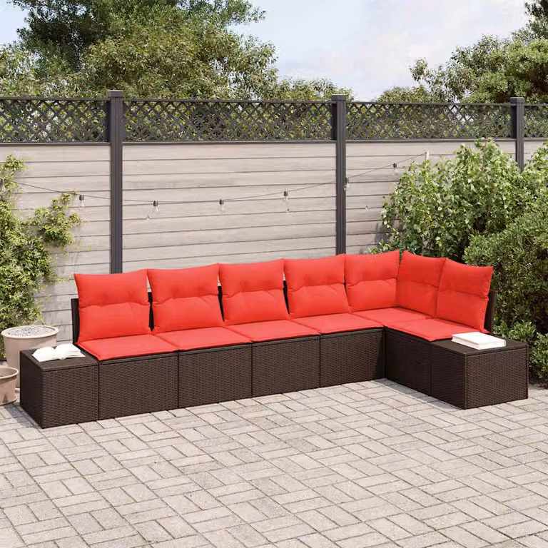 Maison Exclusive - Set di divani da giardino, 6 pezzi, color marrone e rosso, in rattan sintetico