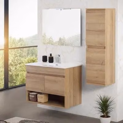 Mobile bagno sospeso Kleo Inbagno in rovere africa con ante soft-close e vano a giorno, Larghezza: 80 cm