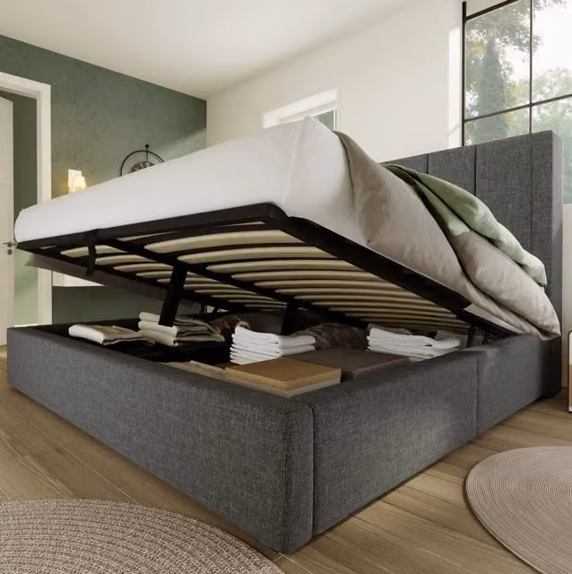 Letto imbottito moderno con contenitore, portabicchieri e ricarica USB-C, colore grigio, L/P/H: 140 x 190 x 143 cm – 1