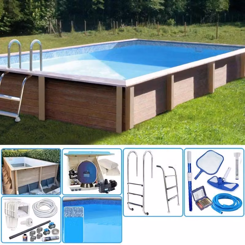 Piscina interrata rettangolare NATURALIS in pietra ricostruita effetto legno blu con filtrazione a sabbia e locale tecnico L: 7,50 m, P: 3,24 m, H: 1,28 m – 2