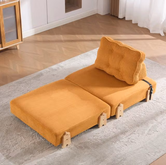 Poltrona letto singola pieghevole in velluto a coste arancione con struttura in legno HOMVRA