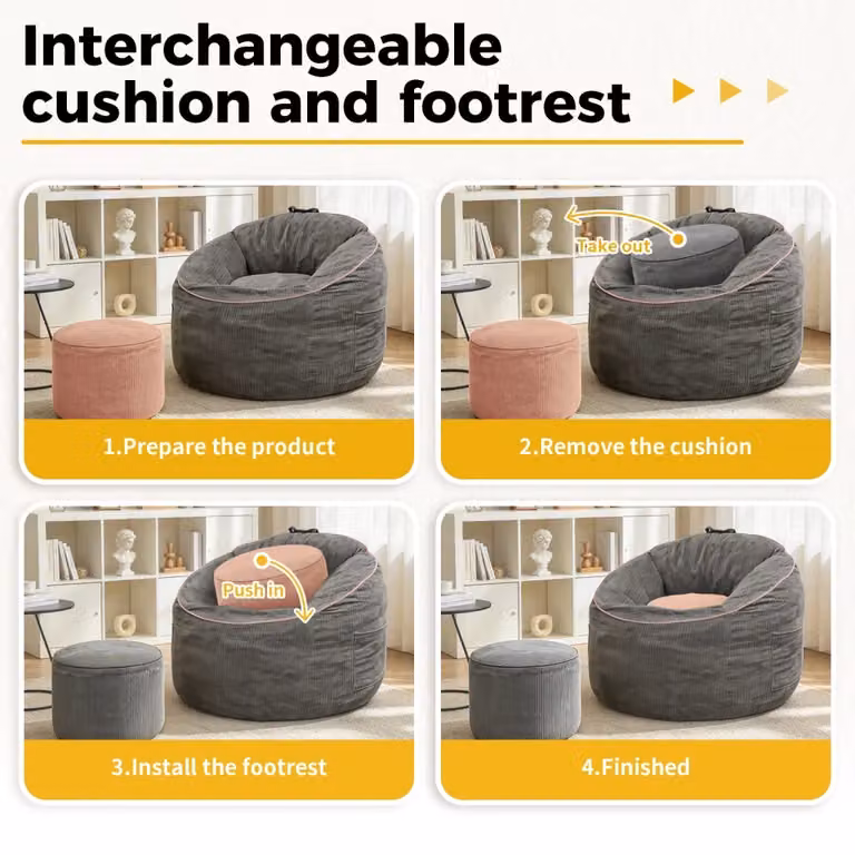 Poltrona pouf ergonomica OKWISH con tasca laterale e pouf cilindrico in flanella grigia L/P/H: 50 x 43,5 x 35,5 cm
