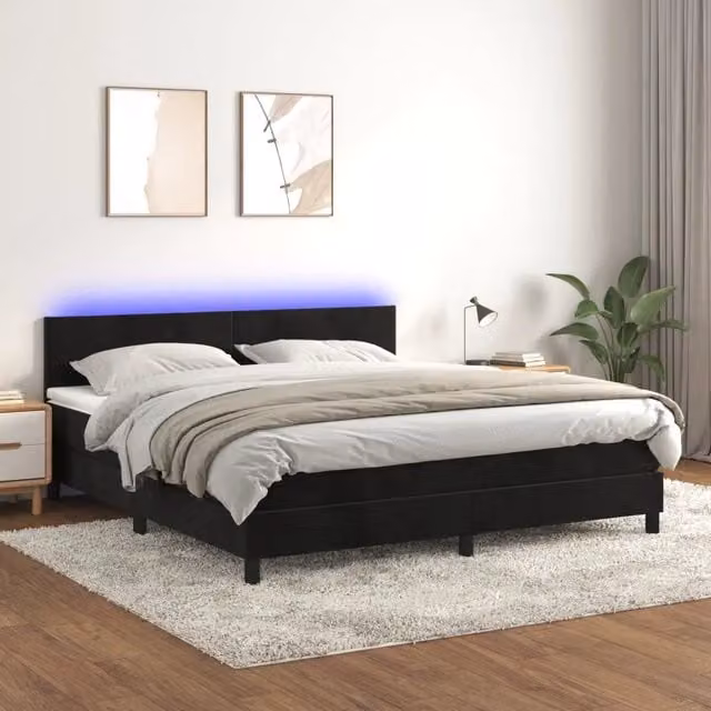 Letto Ibrido vidaXL in Velluto Nero con Materasso, Illuminazione LED Sotto il Letto e Porte USB, L/P: 160 x 200 cm
