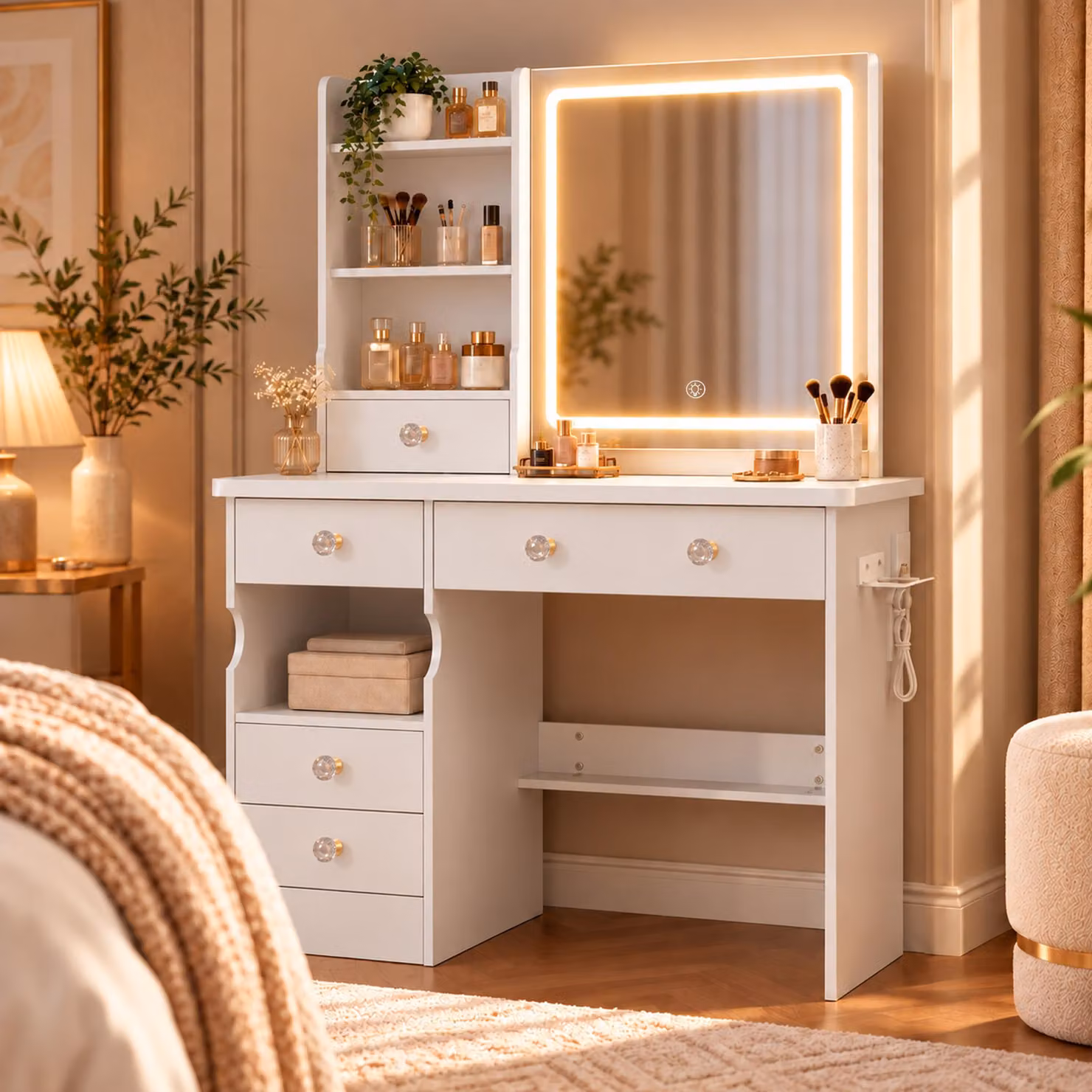 Toeletta con illuminazione a LED, specchiera, portagioie, presa multipla, 90 x 40 x 135 cm, tavolino da trucco con cassetti