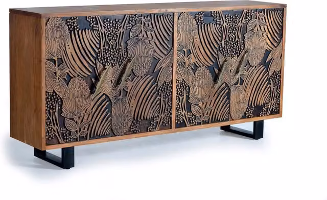Credenza etnica in legno di acacia con decorazioni floreali intagliate a mano, colori marrone e nero
