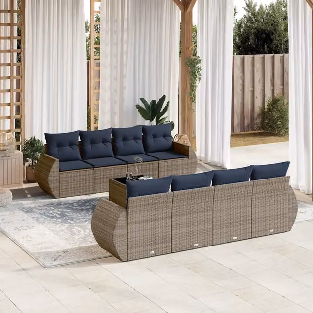 Set Divani da Giardino 9 pz con Cuscini Grigio in Polyrattan 3221150