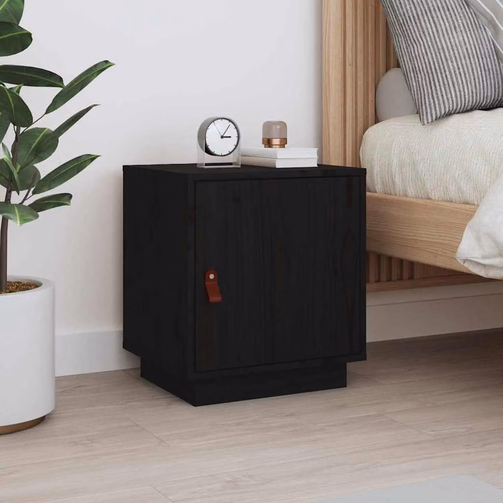 vidaXL Comodino Moderno Nero in Legno di Pino Massello L: 40 cm, P: 34 cm, H: 45 cm