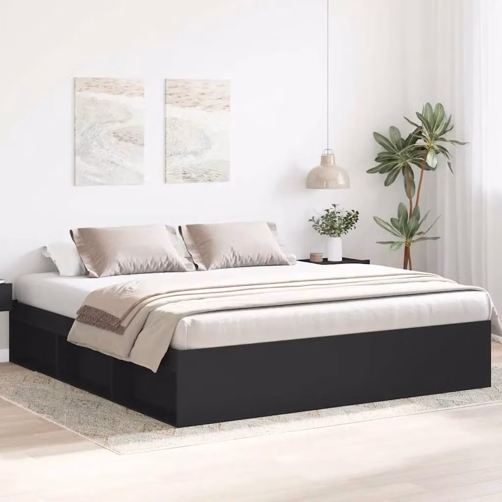 Letto matrimoniale moderno in legno di pino con doghe fisse e scomparti laterali, colore nero, L/P/H: 200 x 200 x 35 cm – 2
