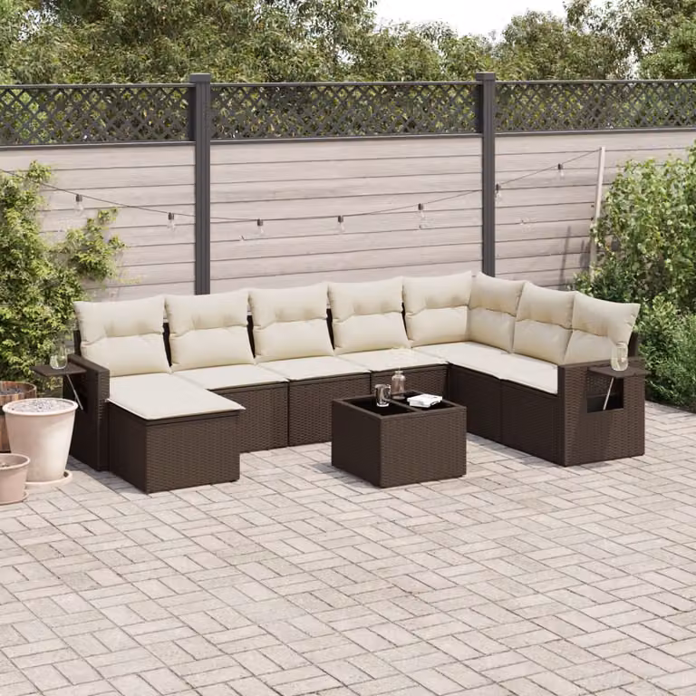 Set di divani da giardino vidaXL in polyrattan marrone con cuscini, tavolino e pouf a forma di U per esterno